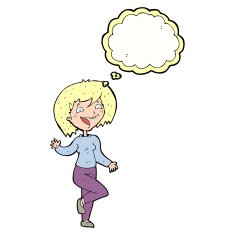 cartoon laughing woman with thought bubble N8
