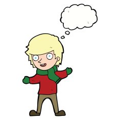 cartoon boy in winter clothes with thought bubble N8