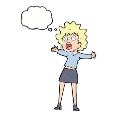 cartoon frightened woman with thought bubble N25
