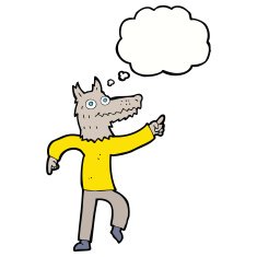 cartoon wolf man with thought bubble N37