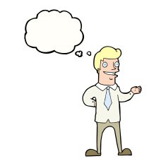 cartoon salesman with thought bubble N8