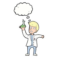cartoon happy scientist with thought bubble N8