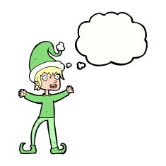 cartoon excited christmas elf with thought bubble N8