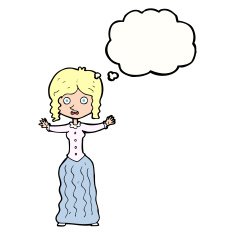 cartoon worried victorian woman with thought bubble N8