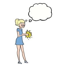 cartoon woman clapping hands with thought bubble N8