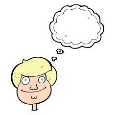 cartoon happy boy's face with thought bubble N17