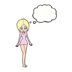 cartoon woman in short dress with thought bubble N9