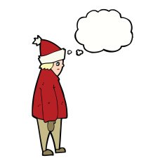 cartoon person in winter clothes with thought bubble N9