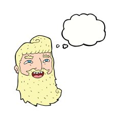 cartoon laughing bearded man with thought bubble N8