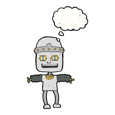 cartoon robot with thought bubble N150