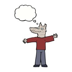 cartoon happy wolf man with thought bubble N15