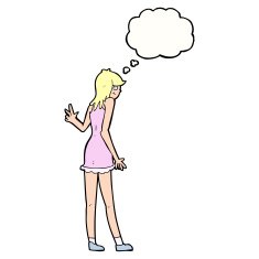 cartoon woman waving with thought bubble N305