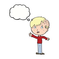 cartoon boy with growth on head thought bubble N31