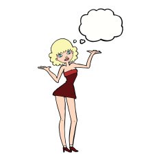 cartoon woman in cocktail dress with thought bubble N17