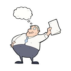 cartoon boss waving papers with thought bubble N8
