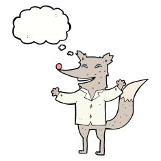 cartoon happy wolf wearing shirt with thought bubble N5