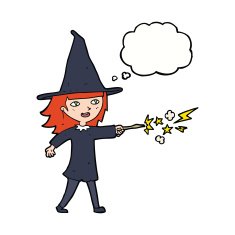 cartoon witch girl casting spell with thought bubble N17
