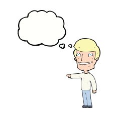 cartoon happy man pointing with thought bubble N53