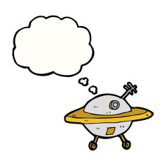 cartoon flying saucer with thought bubble N2