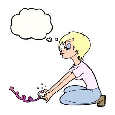 cartoon girl playing computer games with thought bubble N8