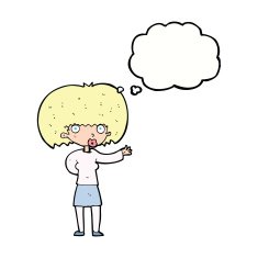 cartoon woman gesturing with thought bubble N26