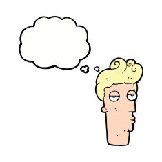 cartoon bored man's face with thought bubble N8