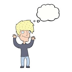 cartoon man waving arms with thought bubble N8