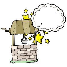 cartoon wishing well with thought bubble