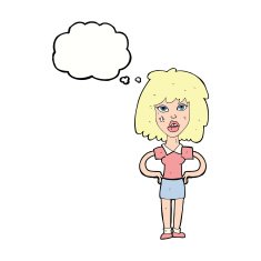 cartoon tough woman with thought bubble N8