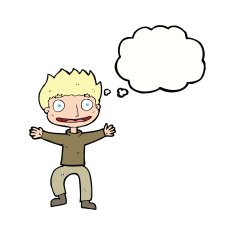 cartoon grinning boy with thought bubble N9