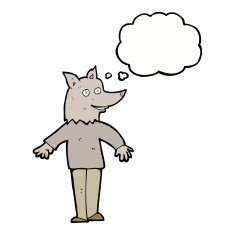 cartoon happy werewolf with thought bubble N5