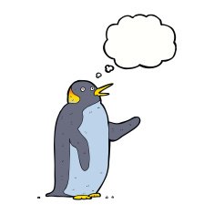 cartoon penguin waving with thought bubble N4