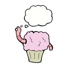 cartoon worm in cupcake with thought bubble N9