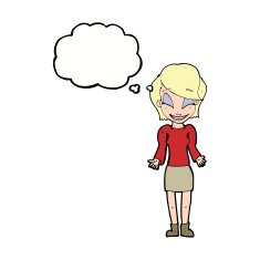 cartoon happy woman shrugging shoulders with thought bubble N18