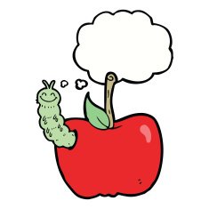 cartoon apple with bug thought bubble N23