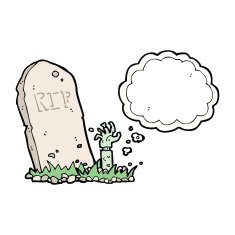 cartoon zombie rising from grave with thought bubble N5