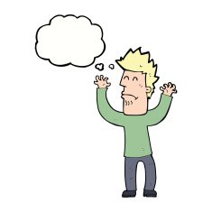cartoon stresssed man with thought bubble