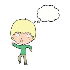 cartoon impressed boy pointing with thought bubble N9