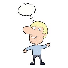 cartoon waving man with thought bubble N35