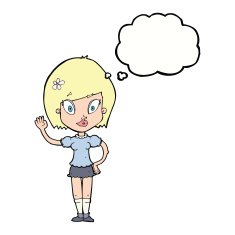 cartoon pretty girl waving with thought bubble N23