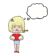cartoon woman with knife between teeth thought bubble N34
