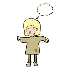 cartoon woman in patched clothing with thought bubble N9