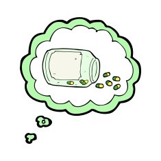 cartoon jar of pills with thought bubble