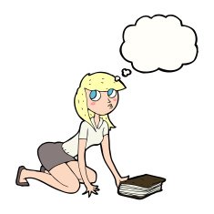 cartoon girl picking up book with thought bubble N8