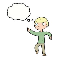 cartoon boy pointing with thought bubble N25