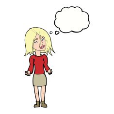 cartoon woman shrugging shoulders with thought bubble N440
