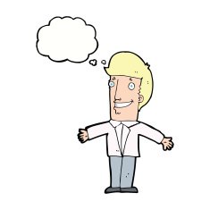 cartoon grining man with open arms thought bubble N9