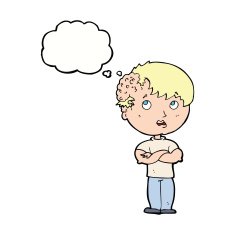 cartoon boy with growth on head thought bubble N32