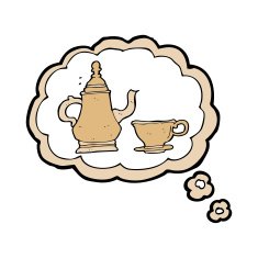 cartoon coffee pot and cup with thought bubble