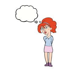 cartoon pretty girl tilting head with thought bubble N9